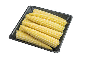 Fresh baby corn cobs packed in black foam tray isolated on white, a Food & Drink Photo by composter-box@mail.ru