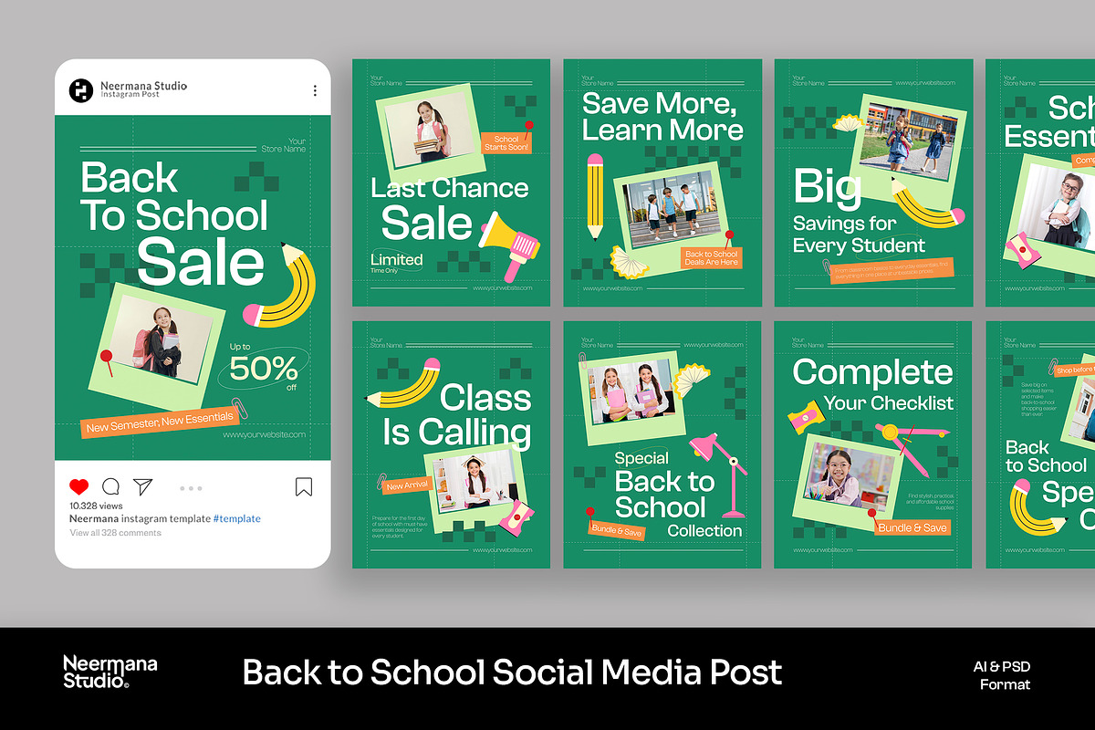 Green Back to School Instagram Post, a Social Media Template by Neermana (Photo 1 of 4)