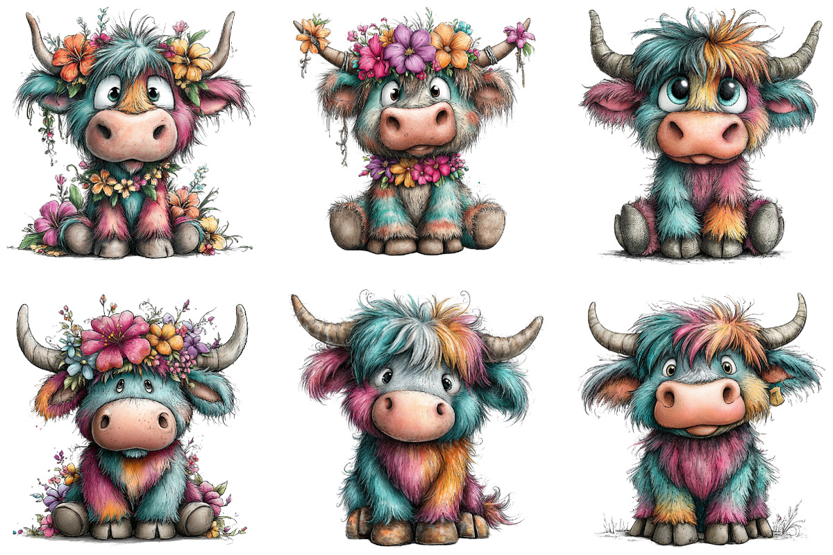 Colorful Highland Cow Clipart, an Illustration by CraftArtStudio (Photo 3 of 6)