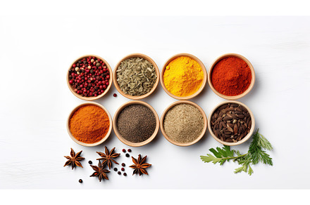 Set of various spices in a bowls on, a Food & Drink Photo by Neirfy