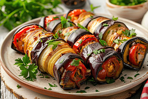Rolled up eggplant stuffed with cheese and tomatoes in plate, a Food & Drink Photo by AlyaAnd