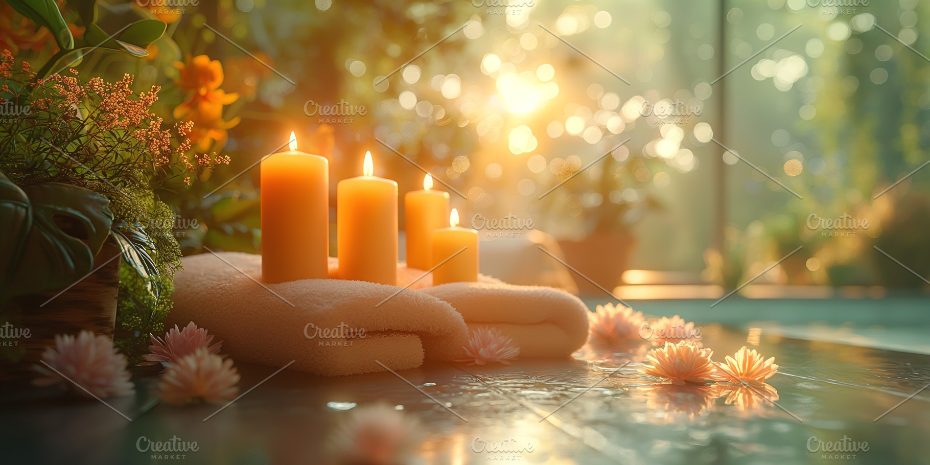 A serene spa setting featuring three lit candles with a warm glow, surrounded b, a Business Photo by ImageMir