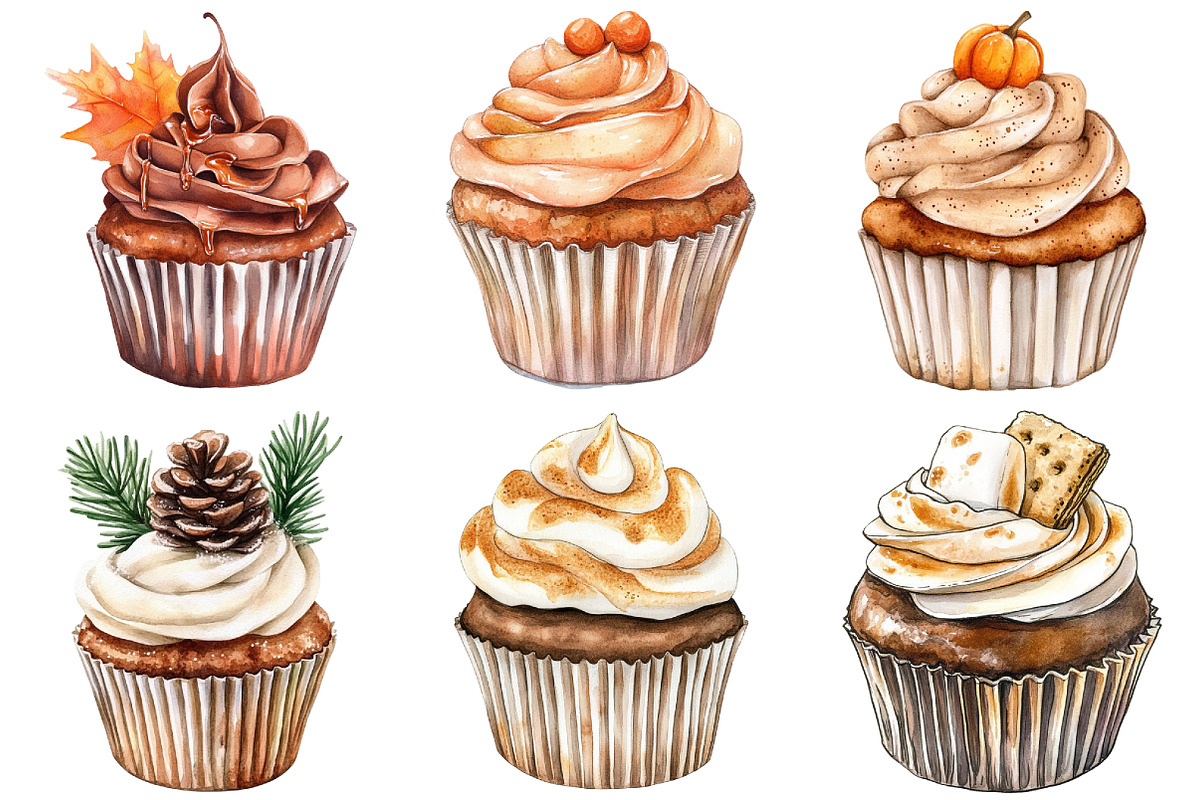 Watercolor Autumn Cupcake Clipart, an Illustration by Craft Nest (Photo 5 of 6)