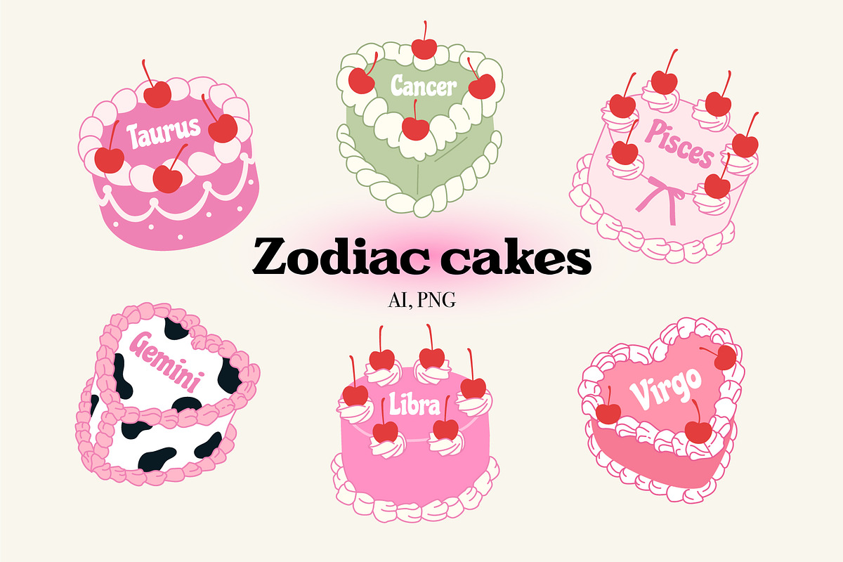 Zodiac cakes vector icons, a Decorative Illustration by yabluko_draws (Photo 1 of 5)