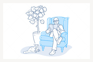 Elder Reading Book on Armchair Cat