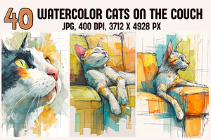 Watercolor Cats on the Couch, an Animal Illustration by PrintHaven Designs