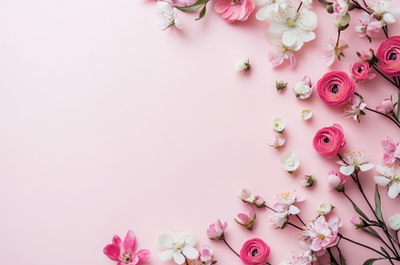 Floral banner on soft pink backgroun, a Photo by Pavel_design