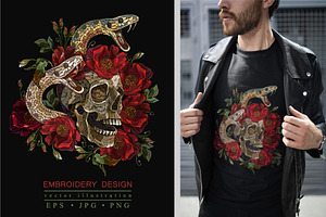 Skull, Snake And Red Roses Flowers