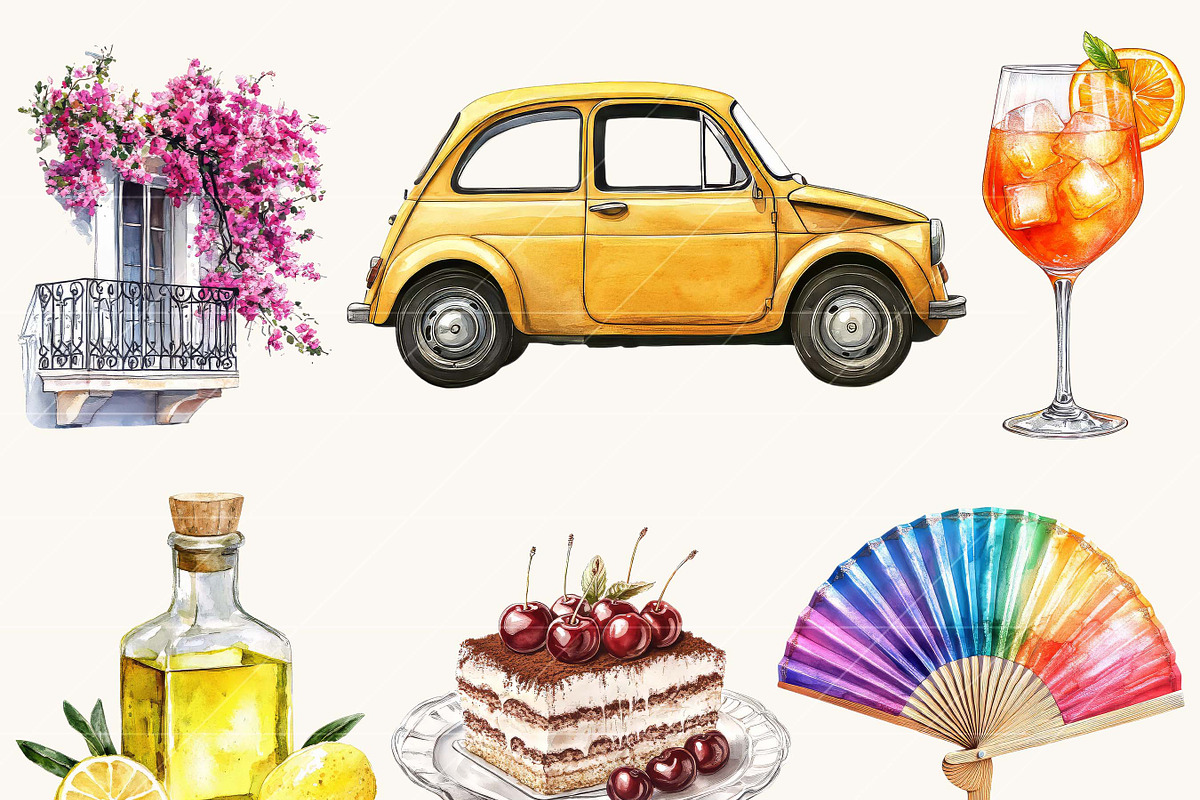 Watercolor Italian Clipart Bundle, an Object Illustration by SparkyDesignsUS (Photo 3 of 10)