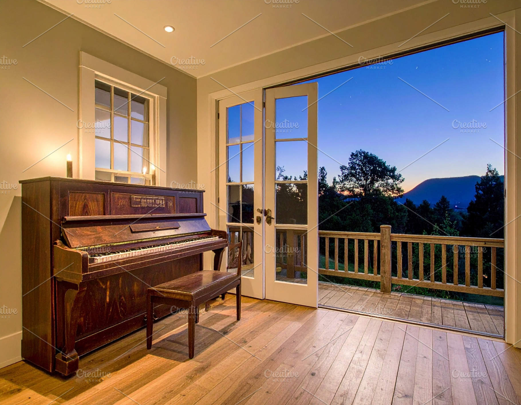 Wooden piano near terrace at night, an Architecture Photo by DanFLCreativo