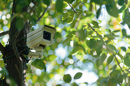 Modern public CCTV camera on blurred green park background, a Technology Photo by AlyaAnd