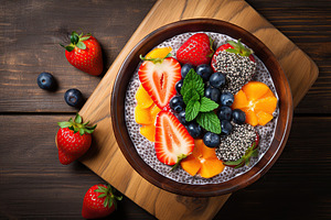 Chia pudding with berries and granola in bowl, a Food & Drink Photo by AlyaAnd