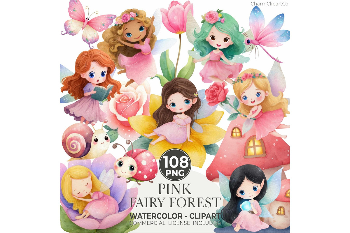 Watercolor Pink Fairy Clipart Bundle, an Illustration by CharmClipart (Photo 1 of 9)