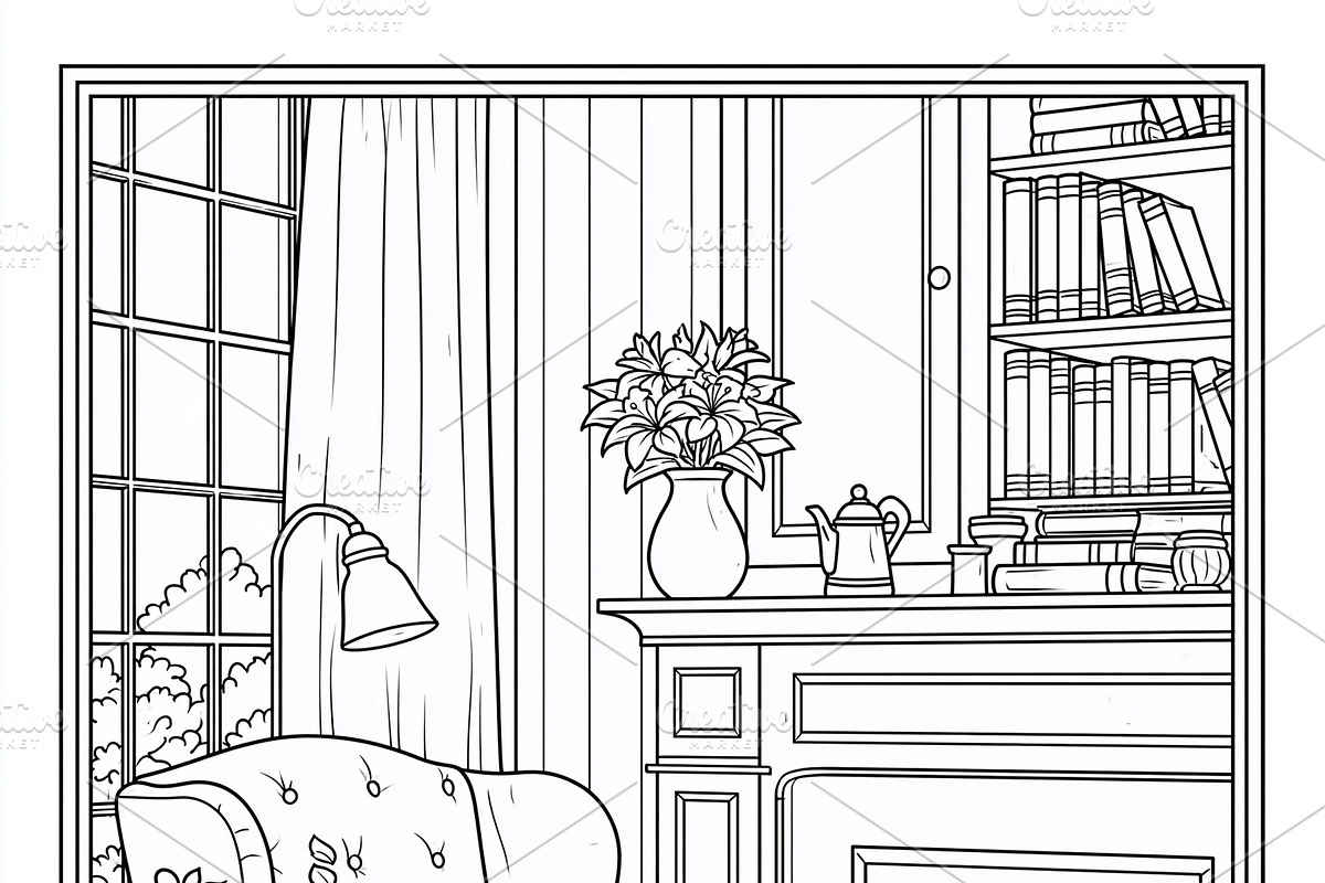 Cozy living room interior with armchair, fireplace, bookshelf, and reading obje, an Illustration by Studio ANNA
