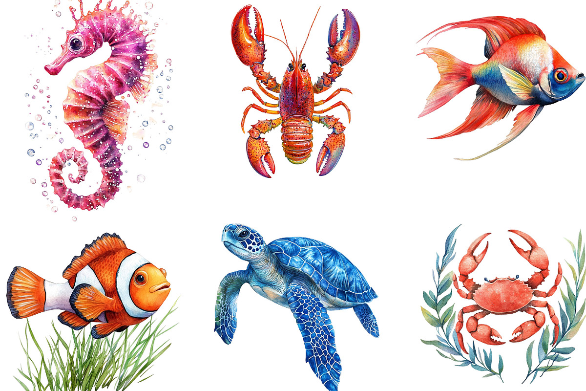 Watercolor Ocean Animals Clipart, an Illustration by Designking (Photo 5 of 5)