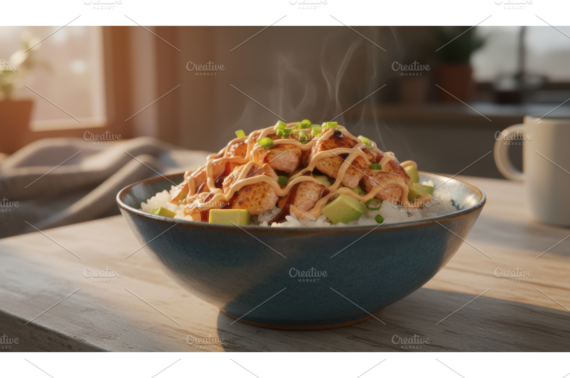 Warm salmon and avocado rice bowl on, a Background Photo by Igor Tichonow