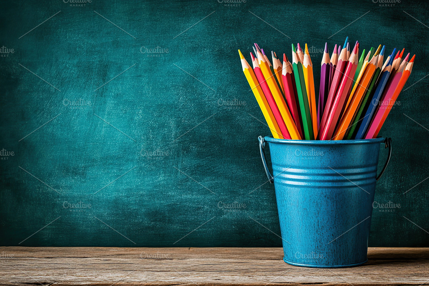 Wooden colorful rainbow pencils in bucket on wooden table, a School & Education Photo by AlyaAnd