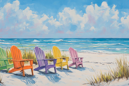 Colorful Adirondack chairs on a tranquil beach under blue skies, an Abstract Photo by Natalia Klenova's Shop