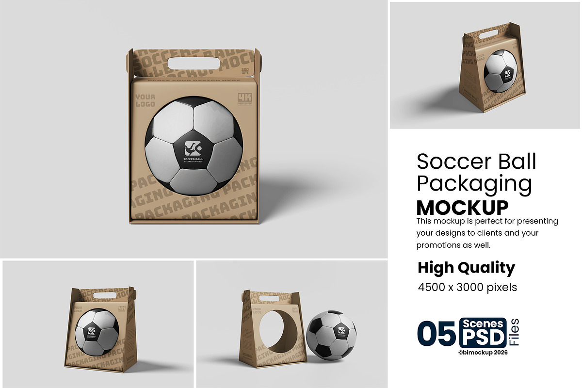 Modern Soccer Ball Packaging Mockup, an Advertising Mockup by bimockup (Photo 1 of 6)