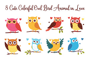 8 Cute Colorful Owl Bird in Love, an Animal Illustration by jongcreative