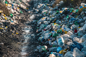 A polluted landscape filled with plastic waste and debris, showcasing a narrow, a Person Photo by Textures & Backgrounds