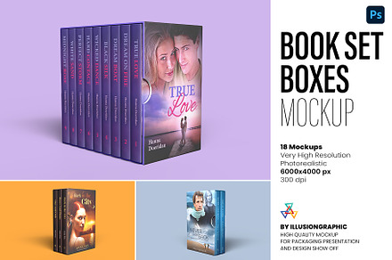 Book Set Boxes Mockup - 18 views, a Books & Magazine Mockup by Illusiongraphic