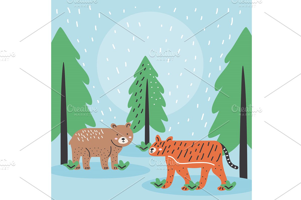 bear and tiger doodle, an Animal Illustration by studiogstock