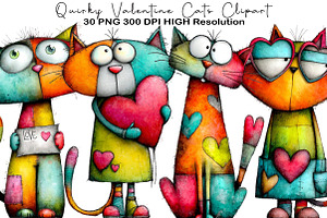 Quirky Valentine Cats Clipart, an Animal Illustration by Black Bird Studio