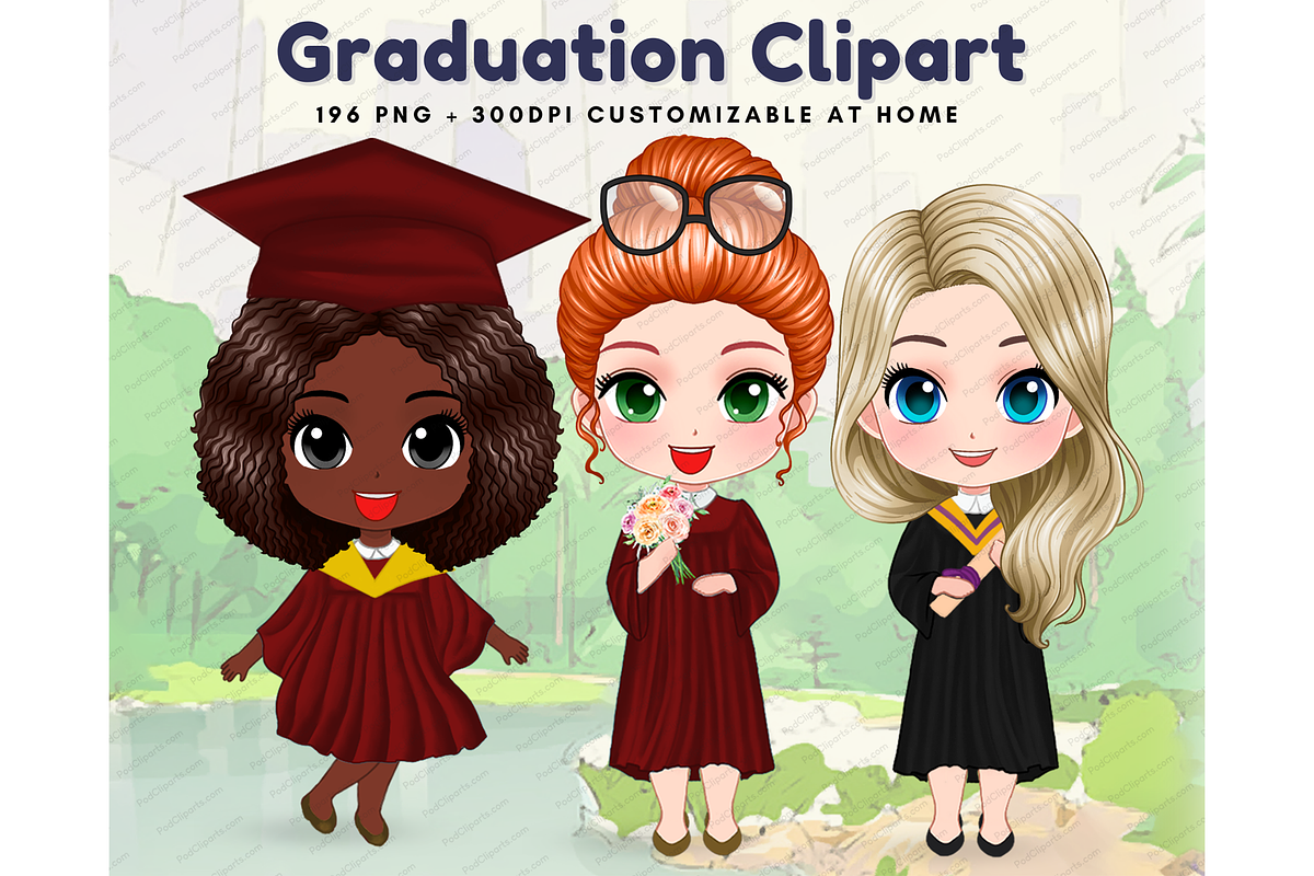 Chibi Graduation Girls Clipart  PNG, a Person Illustration by Podcliparts (Photo 1 of 6)