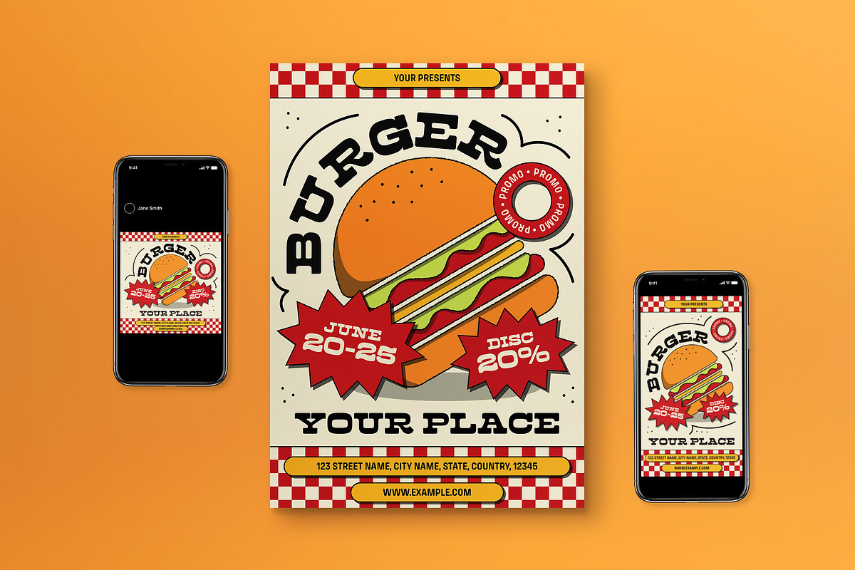 White Retro Burger Promo Flyer Set, a Flyer Template by graphicook (Photo 1 of 3)