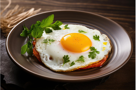 Plate delicious fried egg breakfast, a Food & Drink Photo by Ylivdesign