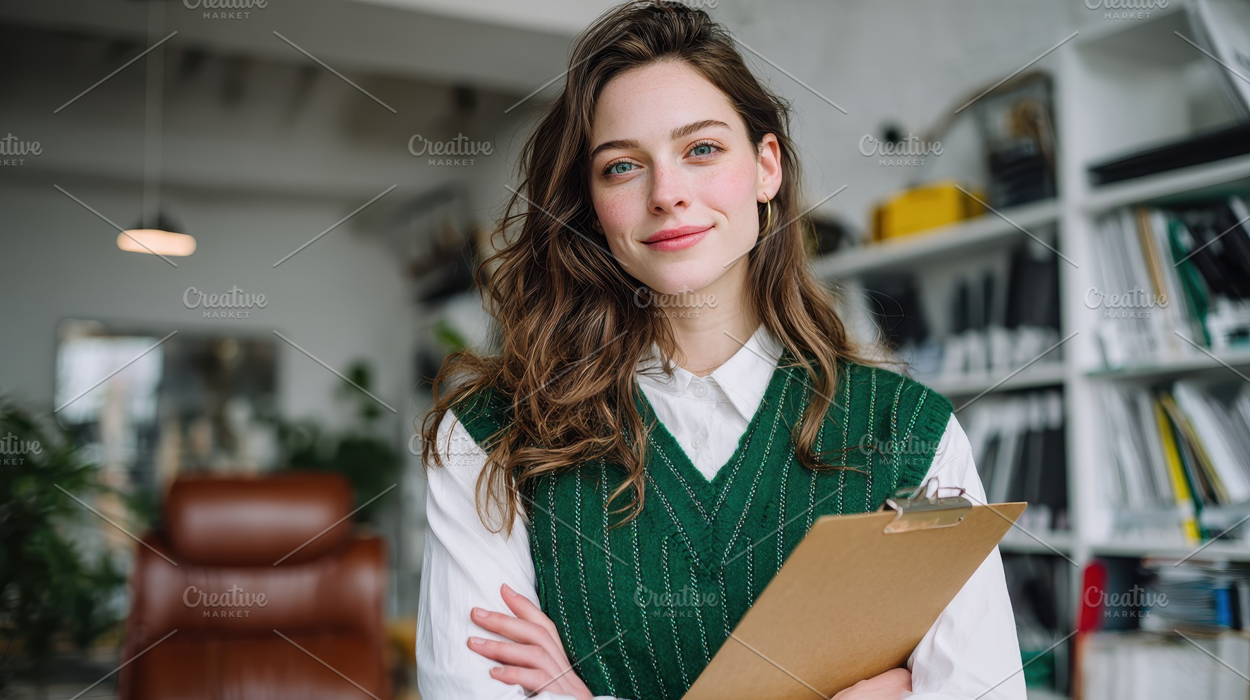 Confident young woman in green vest, a Photo by Pixeness Studio