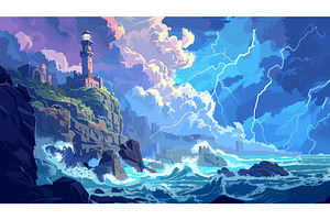Cartoon lighthouse on a cliff, an Illustration by LadadikArt