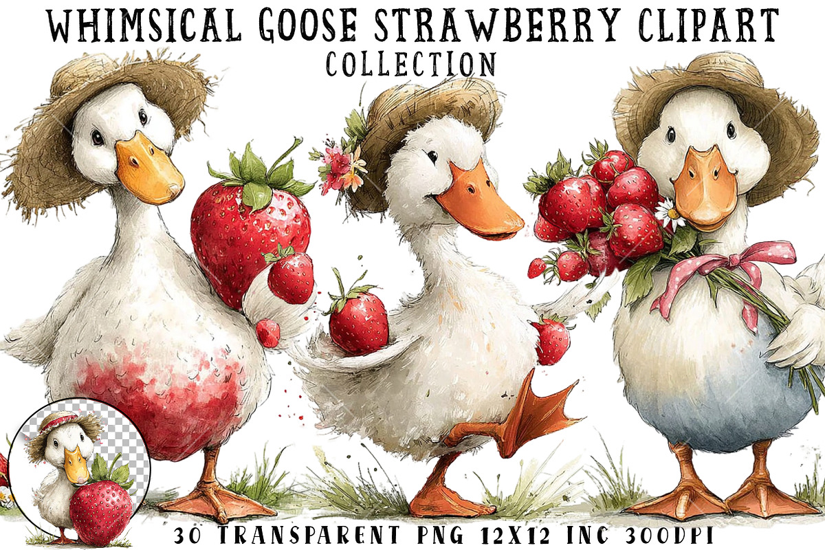 Whimsical Goose Strawberry Clipart, an Illustration by OK Design (Photo 1 of 6)