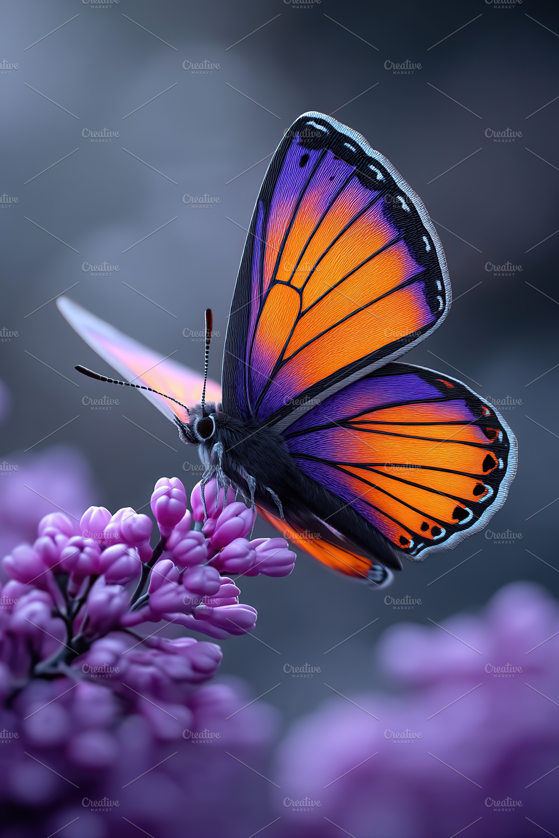 Beautiful butterfly in vibrant flight over blooming lilac flowers, a Photo by AlyaAnd
