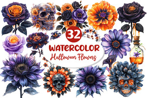 Watercolor Halloween Flowers Clipart, an Illustration by Dream Creation