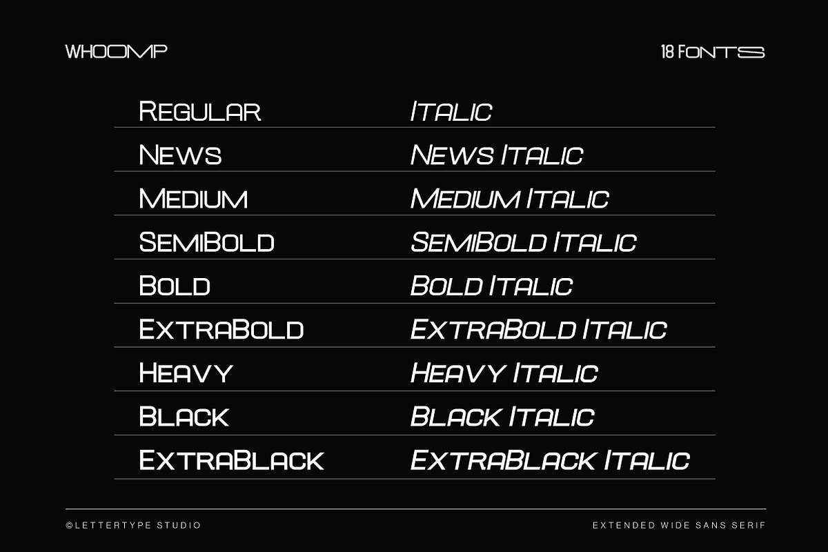 Whoomp Extended Wide Modern Typeface, a Sans Serif Font by Lettertype Studio (Photo 2 of 15)