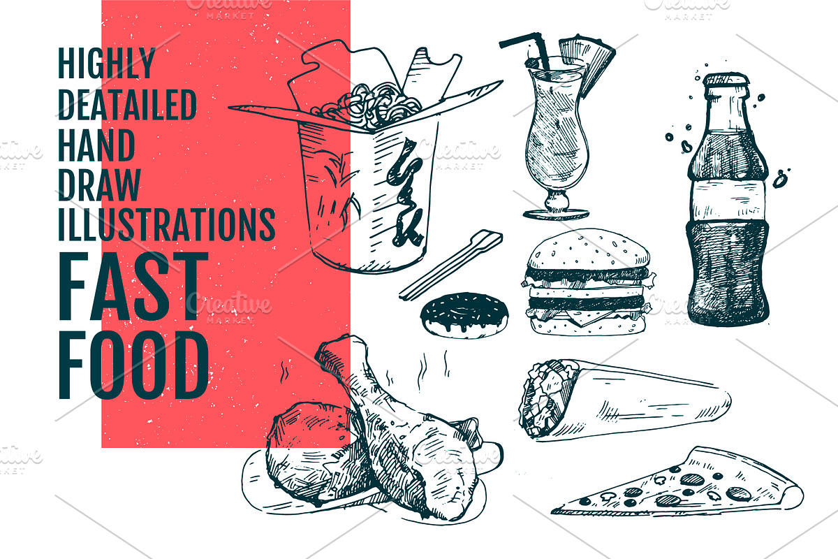 50+ Hand Drawn Fast Food Elements, a Food Illustration by Vitaliy Starkov (Photo 6 of 8)