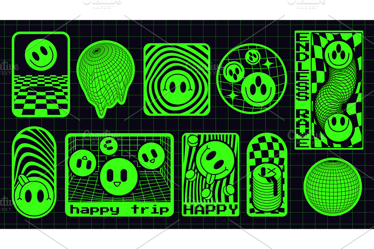 Neon green rave stickers on grid, an Object Illustration by art PVP - market