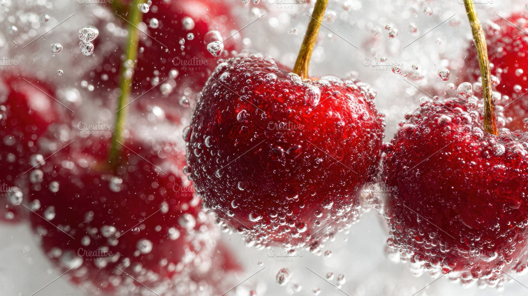Bubbles surround fresh red cherries, a Photo by Beautiful things