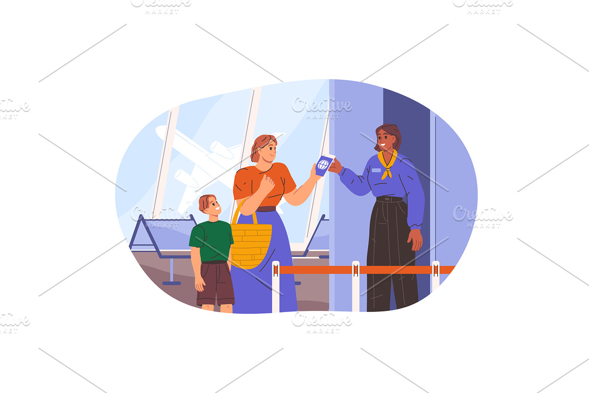 Mother and child at airport ticket, a Transportation Illustration by Elegant Solution
