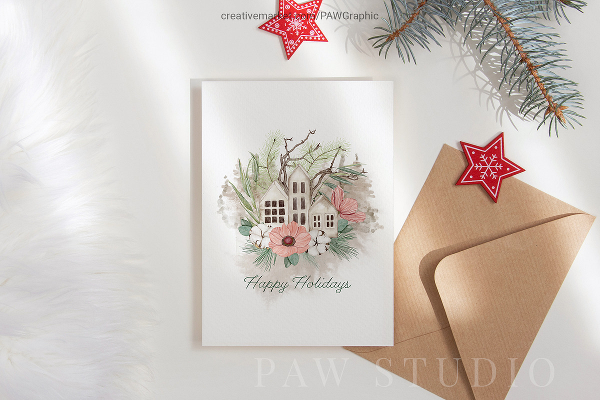 Christmas Boho Cards Bouquets Wreath, an Illustration by PawGraphic (Photo 7 of 10)