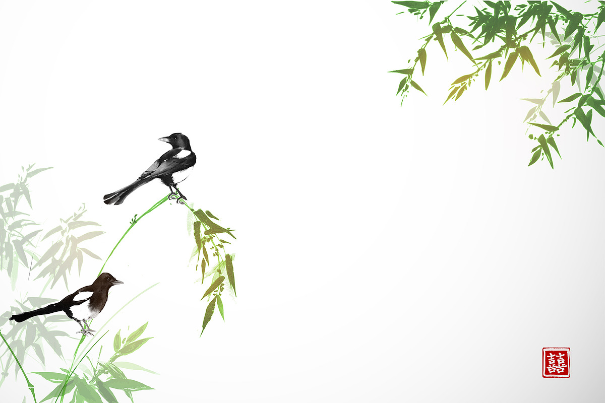 Japanese ink painting sumi-e. Birds., an Animal Illustration by Elina_Li (Photo 9 of 25)