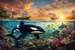 Orca and dolphins swim in vibrant co, a Photo by Pixeness Studio