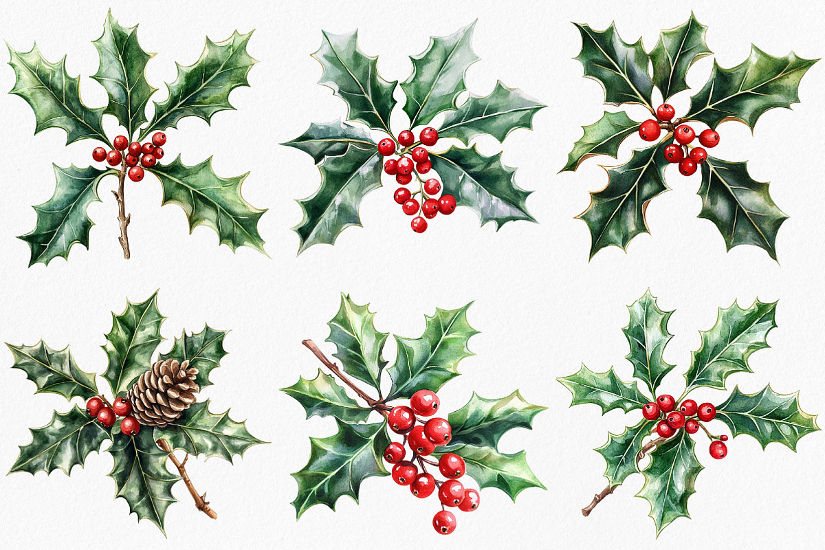 Watercolor Holly & Berries Clipart, an Illustration by Canvas Craft (Photo 4 of 8)