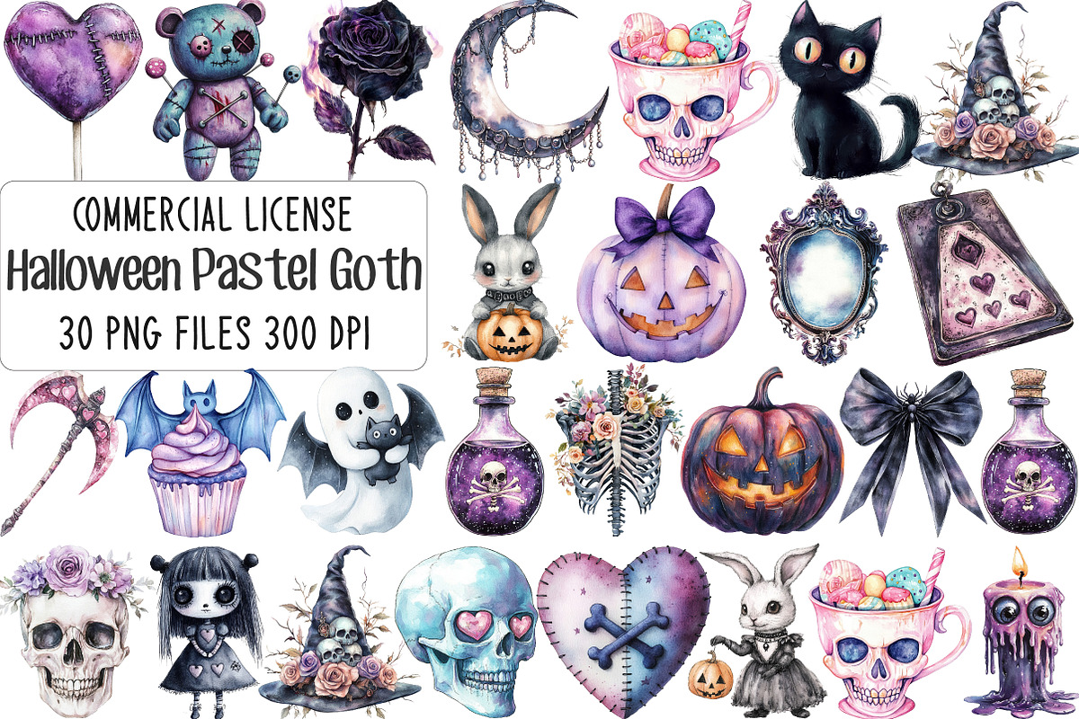 Pastel Goth Halloween Clipart, an Illustration by CraftArtStudio (Photo 1 of 6)