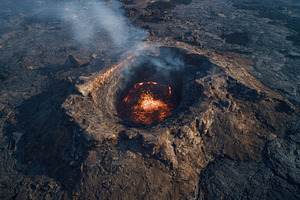 Volcano erupts with lava visible, a Photo by Pavel_design