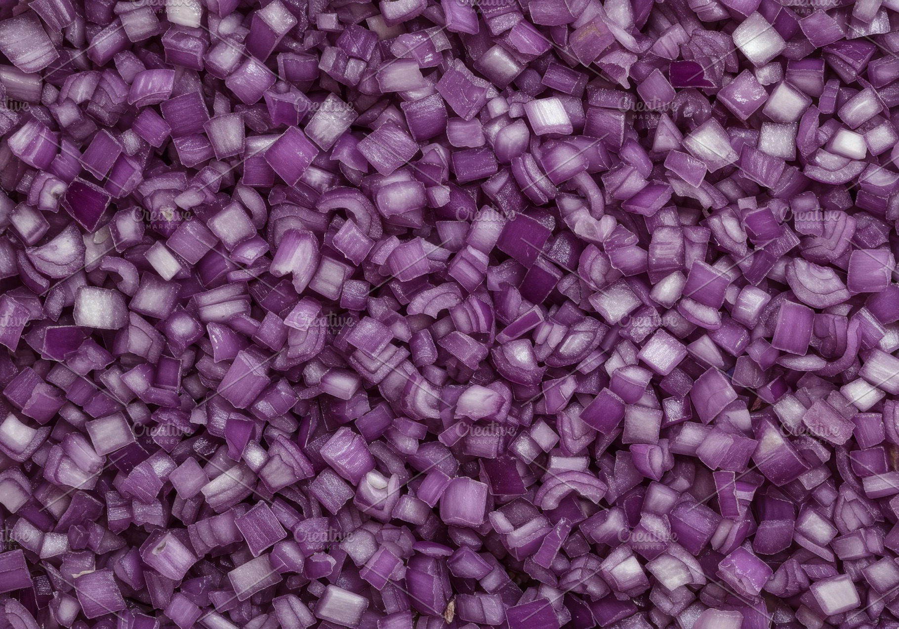 Finely chopped red onion pieces form, a Food & Drink Photo by professorinc
