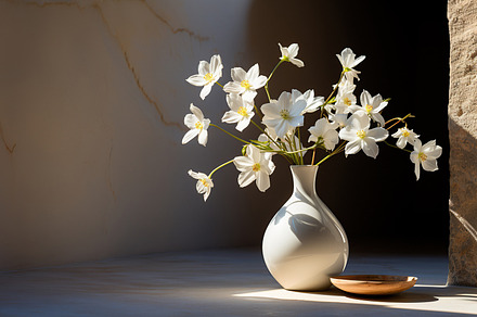 Spring blossom flowers bouquet in vase on table, shadows on wall, a Photo by Dvoevnore photos