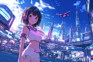 A vibrant anime-style illustration featuring a young girl in a futuristic citys, an Arts & Entertainment Photo by Textures & Backgrounds